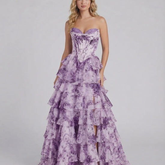 Amethyst Maxi Dress by Lauven, strapless corset bodice with tiered chiffon skirt in purple floral design.