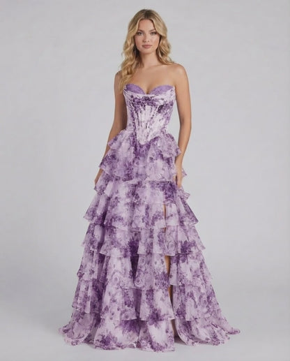 Amethyst Maxi Dress by Lauven, strapless corset bodice with tiered chiffon skirt in purple floral design.