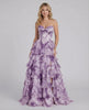 Amethyst Maxi Dress by Lauven, strapless corset bodice with tiered chiffon skirt in purple floral design.