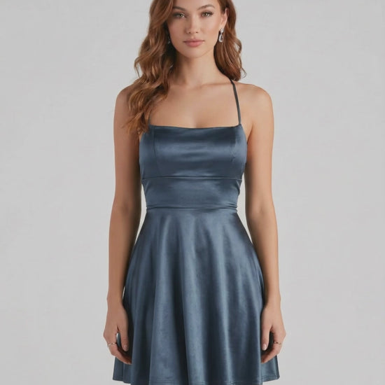 Steel Satin Mini dress by Lauven in elegant deep steel blue, featuring a structured bodice and flared skirt.