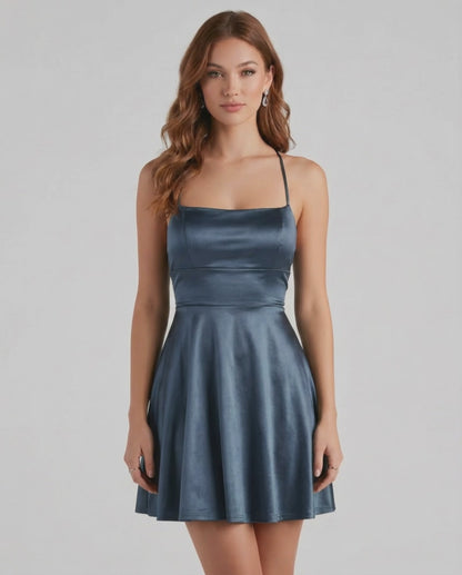 Steel Satin Mini dress by Lauven in elegant deep steel blue, featuring a structured bodice and flared skirt.