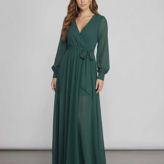 Elara Maxi Dress - Long sleeve emerald chiffon dress with wrap-front V-neckline, A-line silhouette by Lauven.