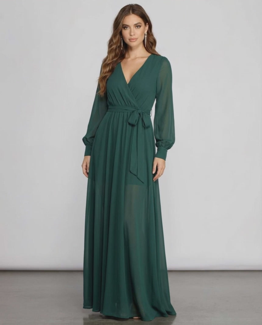 Elara Maxi Dress - Long sleeve emerald chiffon dress with wrap-front V-neckline, A-line silhouette by Lauven.