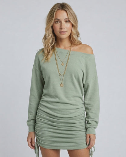 Celeste Mini Dress by Lauven in calming sage green with gathered drawstring detail.