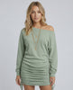 Celeste Mini Dress by Lauven in calming sage green with gathered drawstring detail.