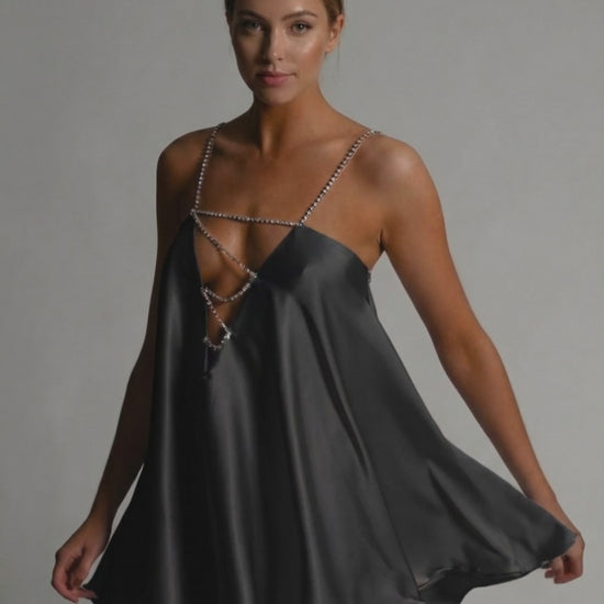 Noir Mini Dress by Lauven, elegant A-line satin dress with flared skirt and beaded spaghetti straps.