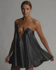 Noir Mini Dress by Lauven, elegant A-line satin dress with flared skirt and beaded spaghetti straps.