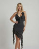 Noir Mini Dress by Lauven with ruffle detail and asymmetric hemline in classic black.