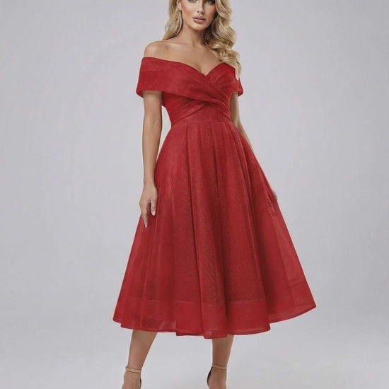 Seren Midi Dress by Lauven, a stunning off shoulder elegant red dress with a flowing midi skirt.