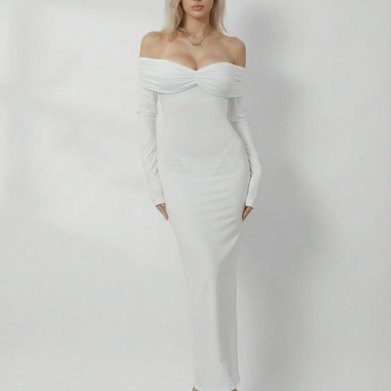Celeste Maxi Dress by Lauven - Elegant off-shoulder sheath design in solid white, perfect for special occasions.