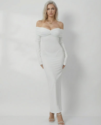Celeste Maxi Dress by Lauven - Elegant off-shoulder sheath design in solid white, perfect for special occasions.
