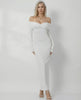 Celeste Maxi Dress by Lauven - Elegant off-shoulder sheath design in solid white, perfect for special occasions.