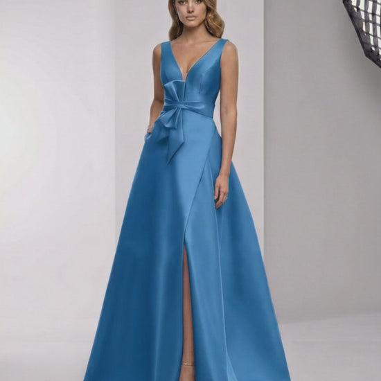 Zafloria Maxi Dress in blue satin, A-line silhouette, V-neck, elegant and polished, by Lauven.