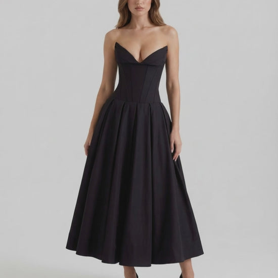 Cleo Midi Dress by Lauven, elegant strapless black A-line ankle-length dress for modern sophistication.