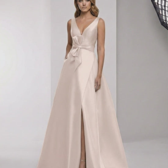 Valencia Maxi Dress - Pink satin A-line maxi dress with wrap slit, bow waist, elegant style by Lauven.