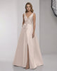 Valencia Maxi Dress - Pink satin A-line maxi dress with wrap slit, bow waist, elegant style by Lauven.