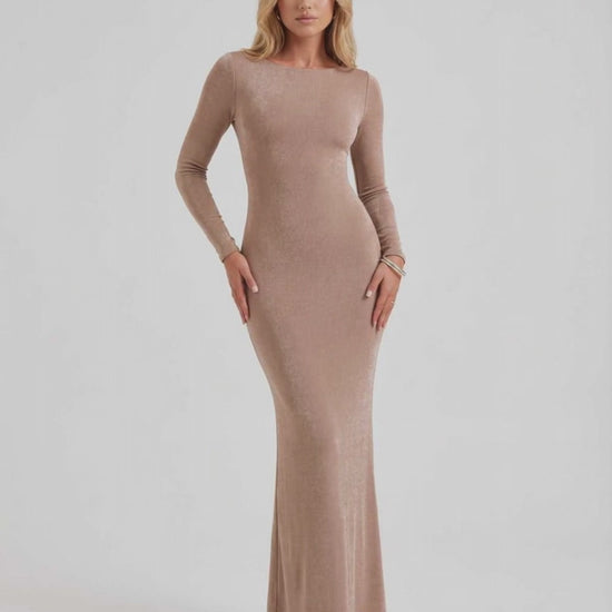 Selene Maxi Dress by Lauven, sleek ankle-length pencil dress with backless detail and elegant silhouette.