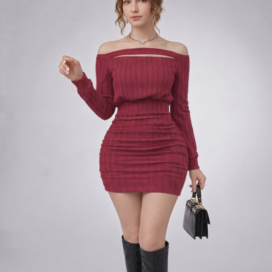 Aveline Mini Dress in textured knit, off-shoulder style, bodycon silhouette by Lauven, perfect for a polished look.