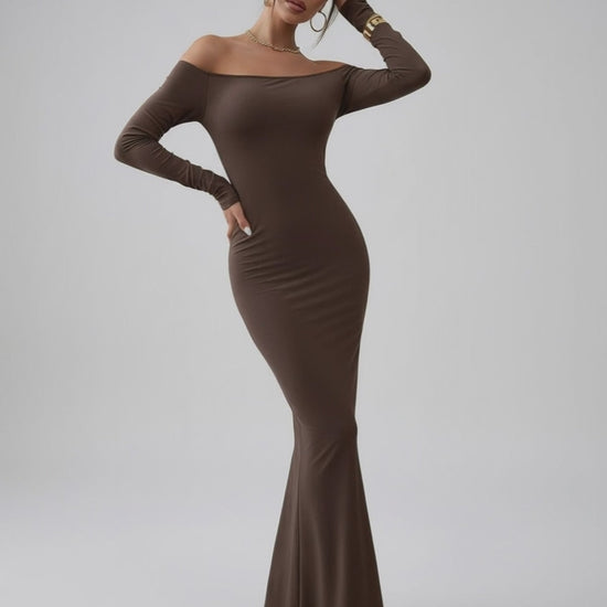 Celeste Maxi Dress by Lauven, elegant off-shoulder fishtail silhouette in rich chocolate brown.