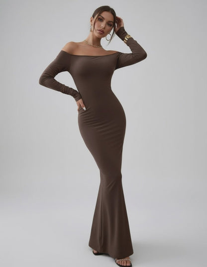 Celeste Maxi Dress by Lauven, elegant off-shoulder fishtail silhouette in rich chocolate brown.