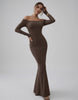 Celeste Maxi Dress by Lauven, elegant off-shoulder fishtail silhouette in rich chocolate brown.