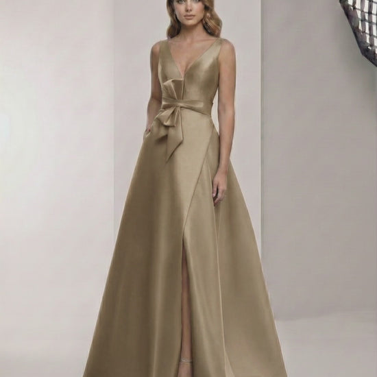 Sienna Maxi Dress - Elegant satin A-Line brown dress with V-neck, bow detailing, perfect for formal occasions.