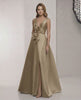 Sienna Maxi Dress - Elegant satin A-Line brown dress with V-neck, bow detailing, perfect for formal occasions.