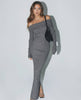 Valencia Maxi Dress by Lauven – Women’s grey off shoulder long sleeve ribbed knit dress for modern elegance.