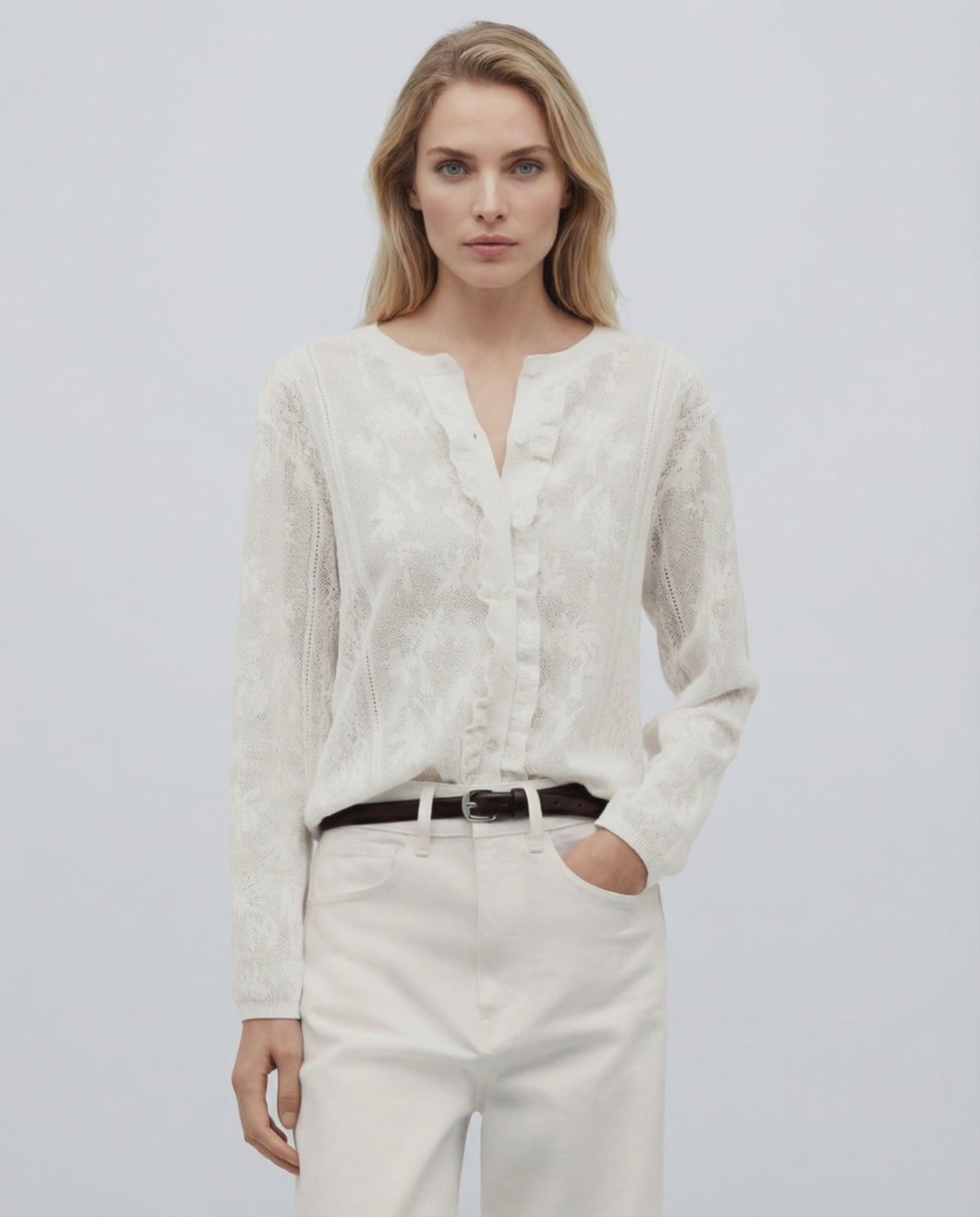 Monaco Blouse by Lauven – Elegant white long sleeve blouse with jacquard texture, perfect for sophisticated styling.