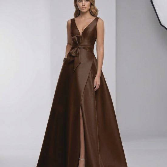 Sorrento Maxi Dress in brown satin, A-line V-neck, floor-length design by Lauven, perfect for evening elegance.