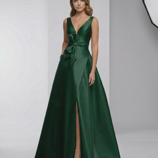 Emerald Maxi Dress - Satin A-Line V-Neck Evening Dress by Lauven, elegant and refined for special occasions.