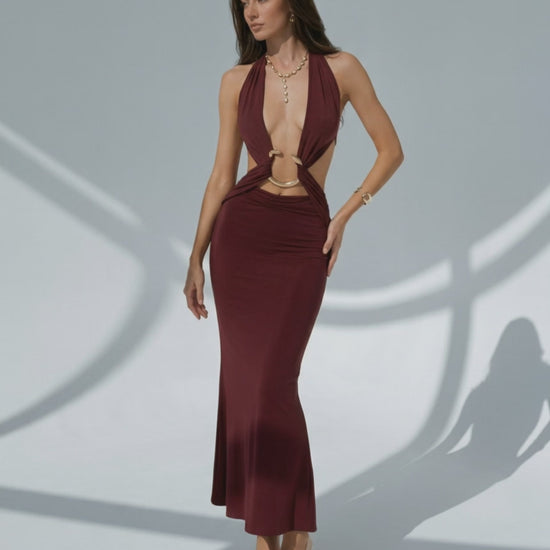 Celeste Maxi Dress stunning bodycon style with deep V-neck, burgundy color, adjustable waist by Lauven.
