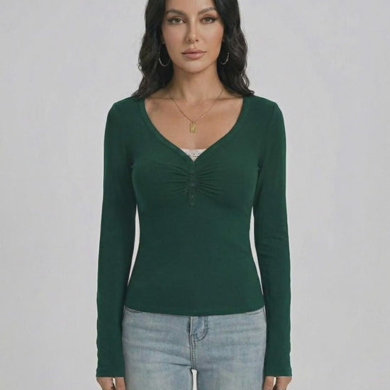 Emerald Pullover by Lauven, Women's Slim Fit V-Neck Long Sleeve Pullover with Button Detail in deep green.