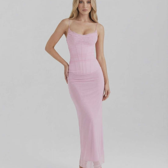 Elara Maxi Dress in pink mesh, featuring lace detail, slim fit silhouette, and elegant design by Lauven.