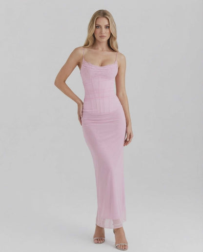 Elara Maxi Dress in pink mesh, featuring lace detail, slim fit silhouette, and elegant design by Lauven.