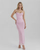 Elara Maxi Dress in pink mesh, featuring lace detail, slim fit silhouette, and elegant design by Lauven.