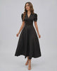 Noire Midi Dress by Lauven, elegant black midi dress with puff sleeves and V-neckline for sophisticated occasions.
