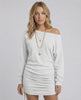Lauven Snowfall Mini Dress with side adjustable drawstrings in crisp white, featuring a relaxed fit and elegant silhouette.