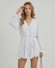 Lauven Luna Mini Dress in classic white pleated chiffon with elegant details and flowing silhouette.