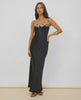 Calista Maxi Dress in black satin with floral embroidery, designed by Lauven for an elegant, fluid silhouette.