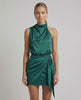 Emerald Mini Dress by Lauven – Dark Green Satin Mini Dress with Draped High Neck and Wrap Tie Detail.