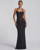 Sienna Maxi Dress featuring black halter style, sheer mesh panel, mermaid silhouette by Lauven.