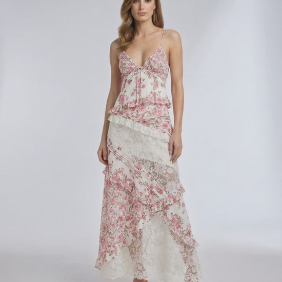 Rosalie Maxi Dress – Floral Lace Ruffle V-Neck Maxi Dress by Lauven, featuring delicate pink floral prints and layered lace details.