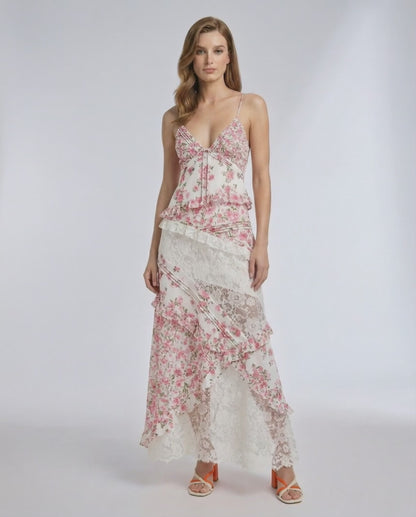 Rosalie Maxi Dress – Floral Lace Ruffle V-Neck Maxi Dress by Lauven, featuring delicate pink floral prints and layered lace details.