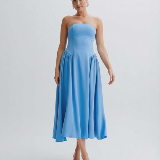 Soleil Midi Dress by Lauven, strapless, pleated, light blue cocktail dress perfect for modern, feminine occasions.