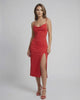 Vega Midi Dress by Lauven, featuring elegant cowl neck, side slit, red color, perfect for sophisticated occasions.