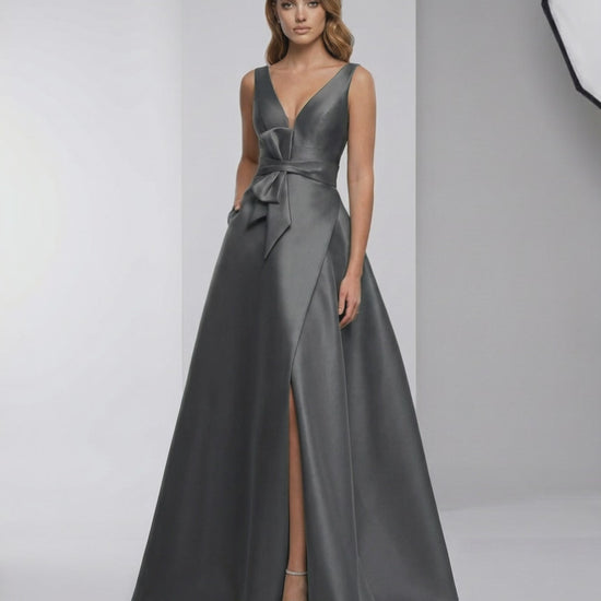 Orlena Maxi Dress in charcoal satin with A-line silhouette, V-neckline, and flowing skirt by Lauven.