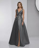 Orlena Maxi Dress in charcoal satin with A-line silhouette, V-neckline, and flowing skirt by Lauven.