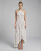 Seren Maxi Dress by Lauven - Classic ivory pleated halter gown with ruffle accents and asymmetrical high-low hem.