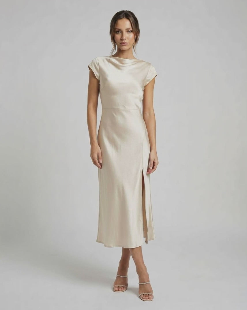 Luna Midi Dress - Classic satin dress with twisted-back, cutout detail, cowl neckline, and soft ivory hue by Lauven.
